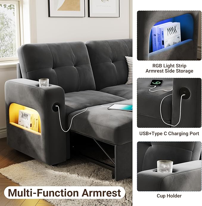 IDEALHOUSE 84 Sleeper Sofa with Storage &amp Charging Station Convertible Sectional Couch Bed with LED Lights Reversible Chaise Pull Out Sofa Bed for Living Room Apartment Velvet Dark Grey