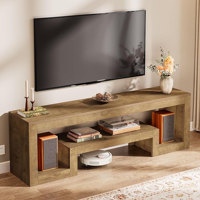 Tribesigns 63-Inch TV Stand for 55/60/65/75-Inch TVs Farmhouse Entertainment Center with Open Storage Shelves Wood Television Console for Living Room Bedroom Wood