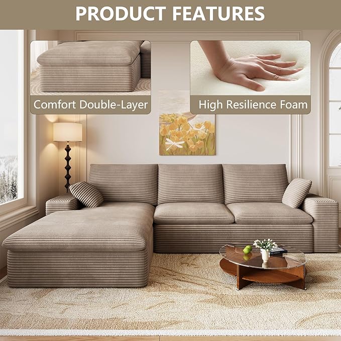 107 Cloud Couch Modular Sectional Couchs with Chaise Lounge L-Shape Boneless Couches for Living Room Corduroy Sofa with Deep Seat No Assembly Required (Camel Left Facing Chaise)