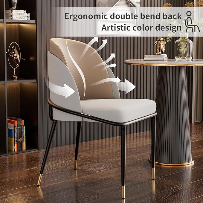 Wisfor Dining Chairs Set of 2: Faux Leather Upholstered Makeup Chair with Arched Backrest - Armless Vanity Chairs with Metal Legs for Kitchen Living Room Bedroom (Light Brown)