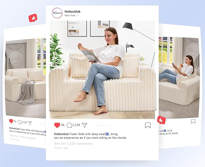 Hobestluk Couch Sofa 2-Seater Foam Sofa Loveseat for Small Spaces Comfy Sofas with Removable Cover Furry Couch with Pillows for Living Room Bedroom Apartment Office (White Loveseat)