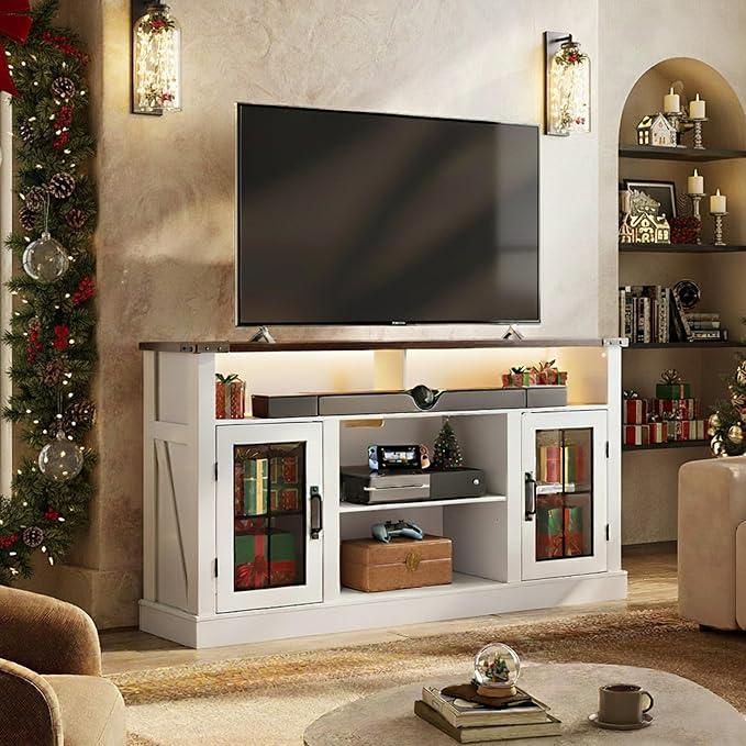 WLIVE Farmhouse TV Stand for 65 Inch TV Tall Entertainment Center with LED Lights &amp Storage Cabinets TV Media Console Table with Adjustable Shelf for Living Room Bedroom Home Theater Milk Whi