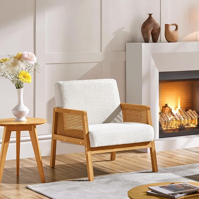 Yaheetech Boucle Fabric Accent Chair Vintage Rattan Vanity Chair with Wood Armrest and Legs for Living Room Bedroom Makeup Room Ivory 1