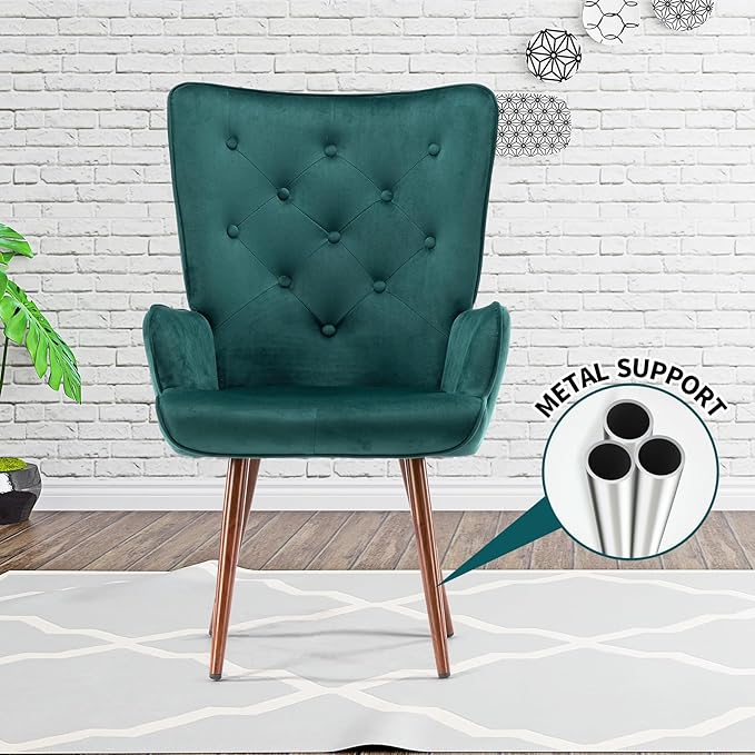 UNICOO - High Wingback Living Room Chairs Vintage Button Wingback Chair Velvet Side Chair Leisure Chair Wingback Reading Chair for Living Room Bedroom Waiting Room (Dark Green)