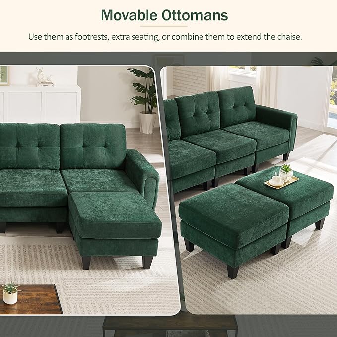 P PURLOVE Modern Sectional Sofa Couch Pull-Out Sofa Bed Versatile Sleeper with Two Movable Ottomans USB Ports and Side Tables for Living Room Apartment (Green)