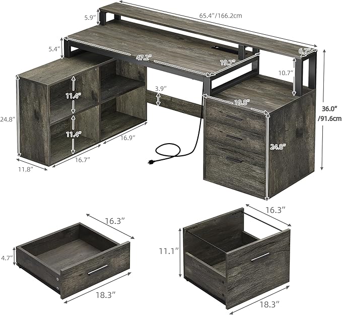 DWVO L Shaped Desk with Drawers 65 Computer Desk with Power Outlets &amp LED Lights Corner Home Office Desk with Storage Shelves &amp Printer Stand Grey