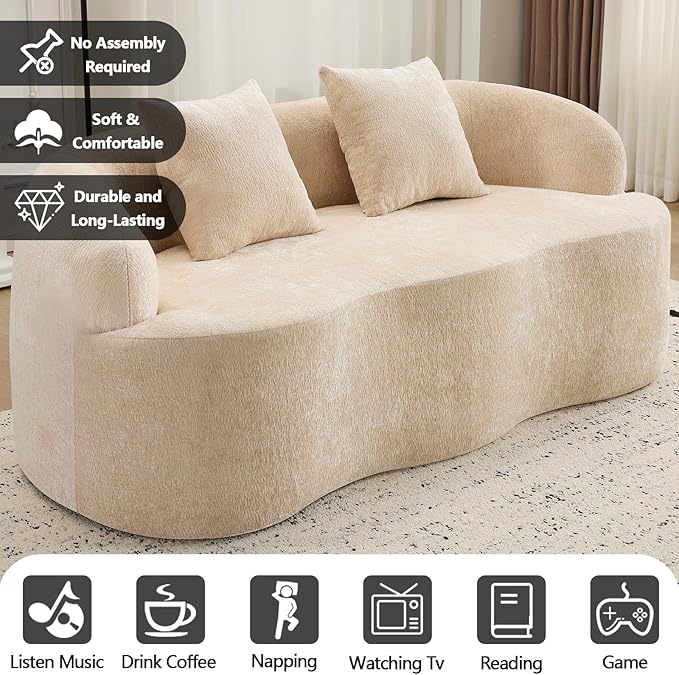 67 Curved Loveseat Sofa with 2 Pillows Boneless Curved Couch with Round Armrest Cloud Sofa for Living Room Bedroom Small Spaces Teddy Modern Compressed No Assembly (Beige Warm)