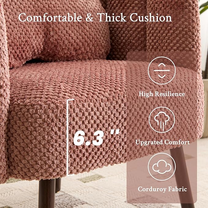 Furniliving Pink Vanity Chair Velvet Accent Chair for Living Room Shell Chairs with Wooden Legs Makeup Chair for Bedroom Armchair Cute Petal Reading Chair with Pillow