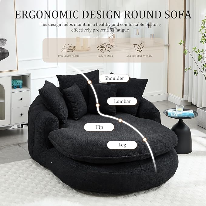 KEIKI 71 Chenille Round Boneless Sofa Couch Oversized Chaise Lounge Chair Couches Indoor No Assembly Required Floor Lazy Bean Bag Modern Sleeper Sofa Bed for Living Guest Room &amp Bedroom Black