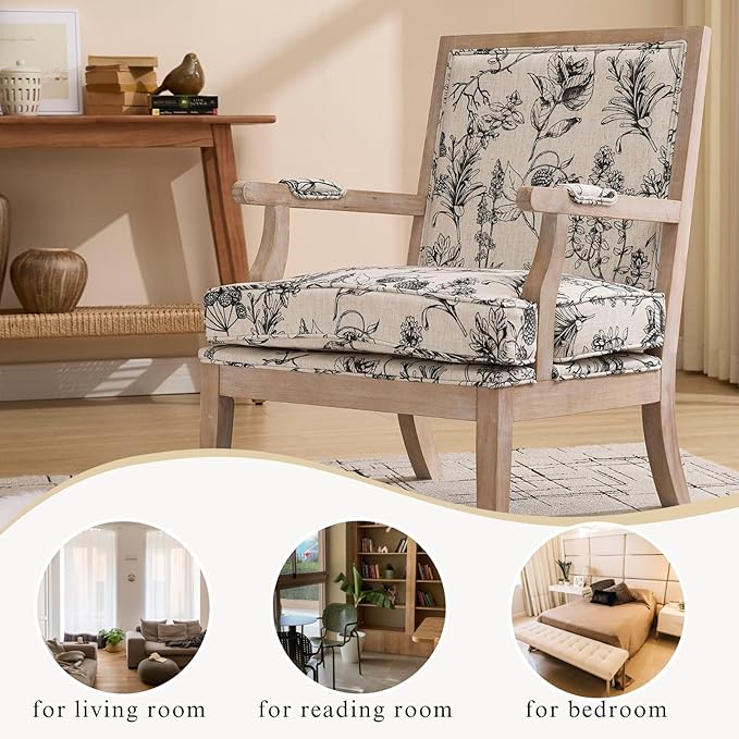 Modern Farmhouse Accent Chair Wide Linen Upholstered Living Room Chair with Armrest Pads Coastal French Country Wooden Armchair for Bedroom Guest Room Floral Pattern