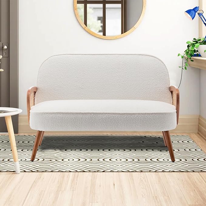 WENTMENT Loveseat Sofa Small Couch for Living Room Teddy Love Seat with Natural Rattan Armrest and Solid Wooden Legs Small Sofa for Small Space Bedroom Apartment（White）