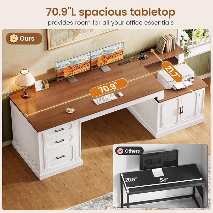 SEDETA 70.9 Executive Desk Farmhouse Office Desk with Drawers and Storage Cabinet Power Outlet Computer Deskfor Home Office Work Study Writing White