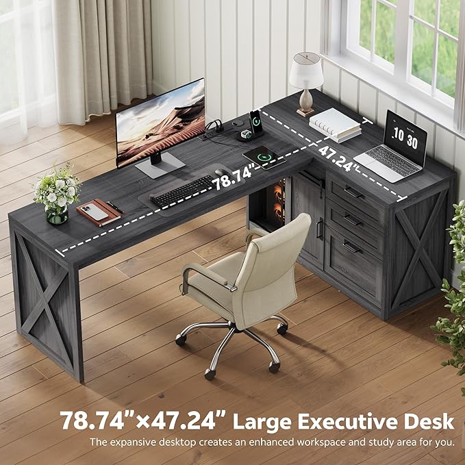 Farmhouse L Shaped Office Desk with Drawers 78 Inch L Shape Desk Executive Office Desk with File Cabinet Storage Shelves and Power Outlets for Home Office Dark Grey