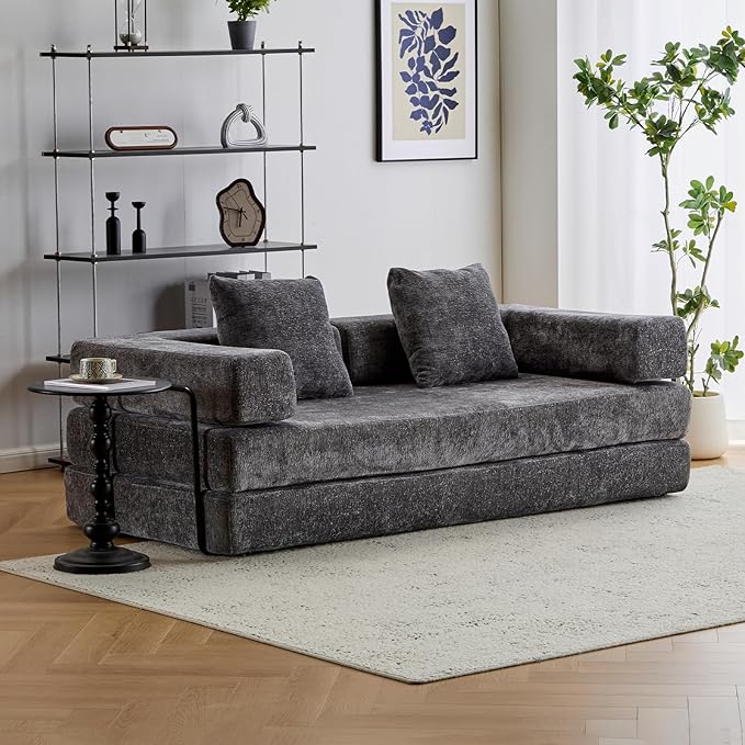 Folding Sofa Bed Modular Sectional Cloud Couch Convertible Sleeper Sofa Bed with Pillow Back Support Armrest for Living Room Bedroom Lounge No Assembly Required Chenille (Dark Grey)