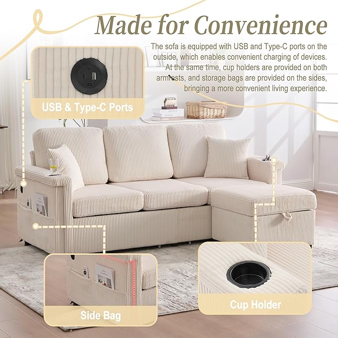 76'' Sectional Sofa Couches for Living Room 3 Seat L-Shaped Couch with Storage &amp Ottoman Corduroy Convertible Sofas with Chaise Apartment with USB Charging Cup Holder (Beige)