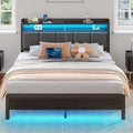 Rolanstar Queen Bed Frame with LED Lights Upholstered Headboard Charging Station Storage Shelves Heavy Duty Metal Slats No Box Spring Needed Noise Free Easy Assembly Dark Grey