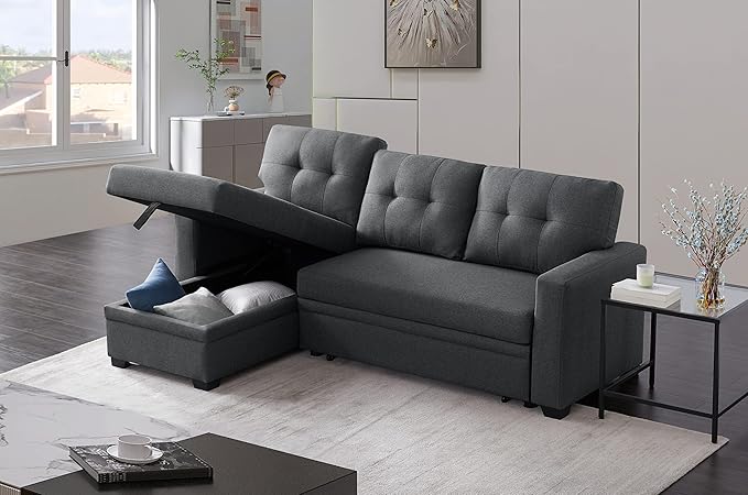 ACQCA 82 L Shaped Sleeper Sofa Pull Out Couch Bed with Storage Chaise and 3 Tufted Back Cushion for Living RoomApartmentOfficeDark Gray