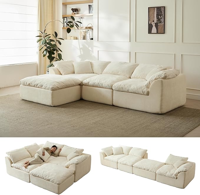 109 Modular Cloud Couches for Living Room Boneless Couch Deep Seat Convertible L-Shape with Ottoman Oversized Comfy 3-Seater Couch Chenille Fabric Compressed Sofa Modern Sectional SofaCreamy White