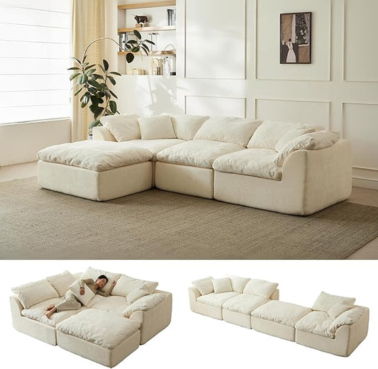 109 Modular Cloud Couches for Living Room Boneless Couch Deep Seat Convertible L-Shape with Ottoman Oversized Comfy 3-Seater Couch Chenille Fabric Compressed Sofa Modern Sectional SofaCreamy White