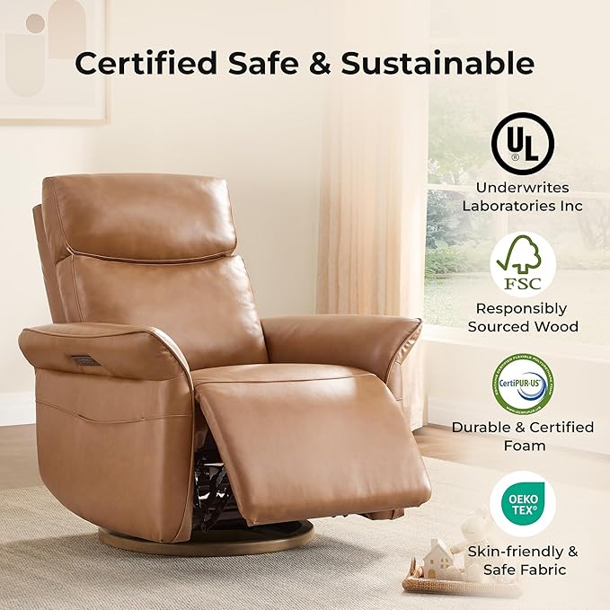 CHITA Genuine Leather Power Recliner Chair Electric Triple-Motor Swivel Glider Nursery Rocking Chair with Adjustable Power Headrest and Lumbar Support GREENGARD Gold Certified Saddle Brown