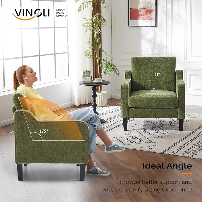 VINGLI Chair Olive Green Upholstered Chenille Accent Chair for Living Room Bedroom Mid-Century Modern Arm Chair Comfy Reading Chair with Scooped Arms