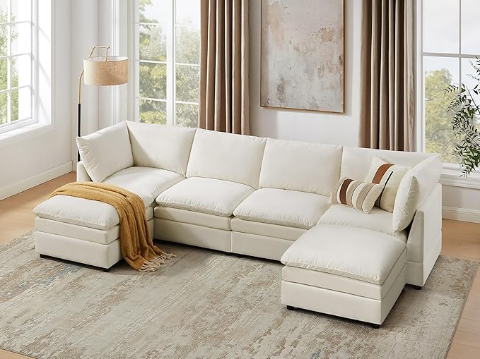 VANOMi U Shape Modular Sectional Sofa Couch for Living Room Oversized Modern Sleeper Cloud Couch with Deep Seat Double-Layer Thick Cushion Ottoman Convertible Upholstered Sofa Set Ivory White