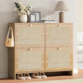 Nicetree Shoe Cabinet Storage for Entryway 4-Flip Drawer Narrow Shoe Rack Organic Modern Rattan Shoe Organizer with Gold Legs Shoe Organizer Fits Men's Size 13.5 Sun-Drenched Amber Oak