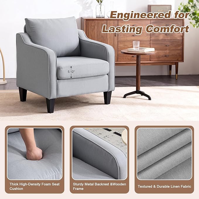 Accent Chairs Set of 2 Gray Mid Century Modern Arm Chair Fine Linen Fabric Upholstered Armchair with Scooped Arms Comfy Reading Chair for Living Room Bedroom Office Apartment