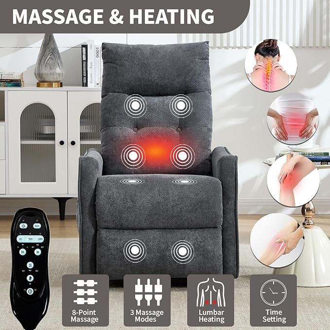 Small Power Lift Chair Recliner for Elderly Petite Power Recliner Chair with Massage and Heat | USB | High Back | Push Button | Side Pockets Liviing Room Easy Assembly (Chenille Dark Grey)