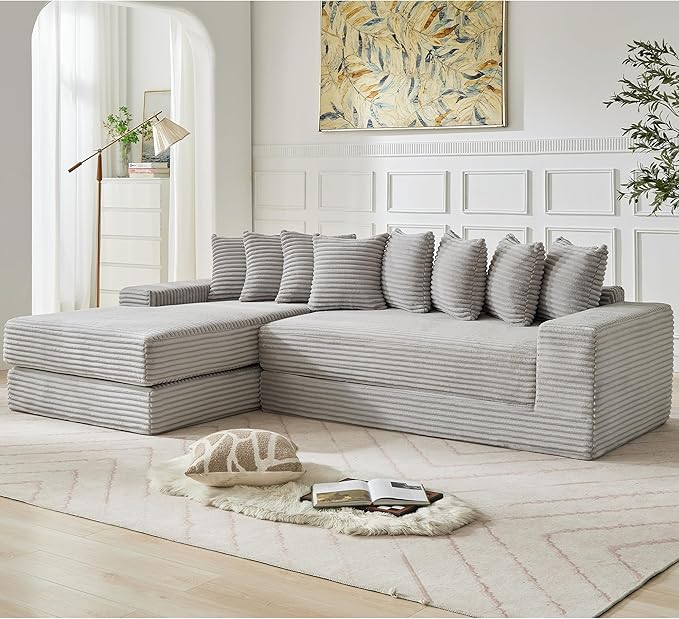 L Shaped Modular Cloud Couch with 8 Pillows Modern Corduroy Boneless Sectional Sofa with Large Chaise for Living Room Office Studio Flat Left Facing Chaise Compressed Sofa (Light Grey)