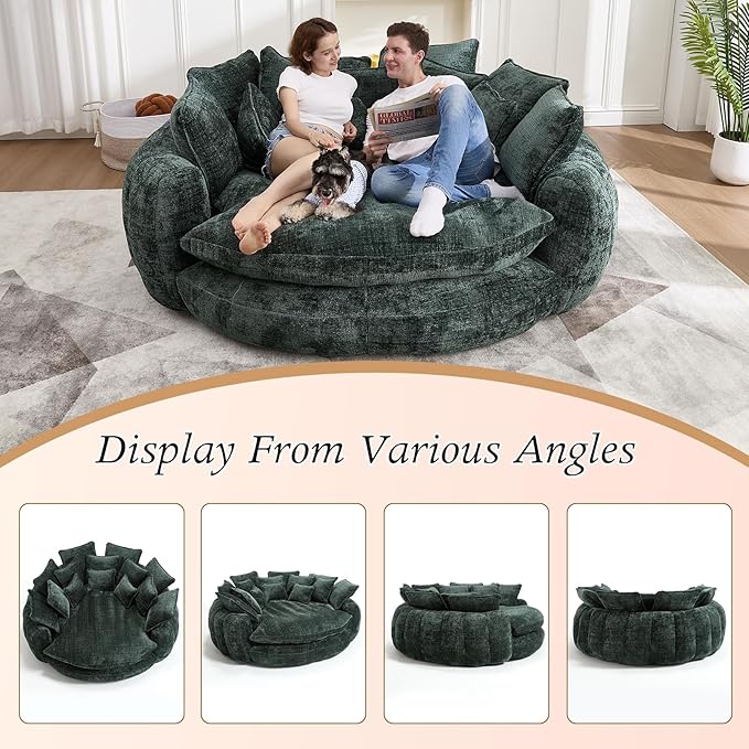 Oversized Sleeper Sofa Bed 81'' Round Chaise Lounge Chair Indoor Modern Chenille Boneless Couch Loveseat Plush Couch Cloud Couches Comfy Bean Bag Chair for Living Room Apartment (Emerald)