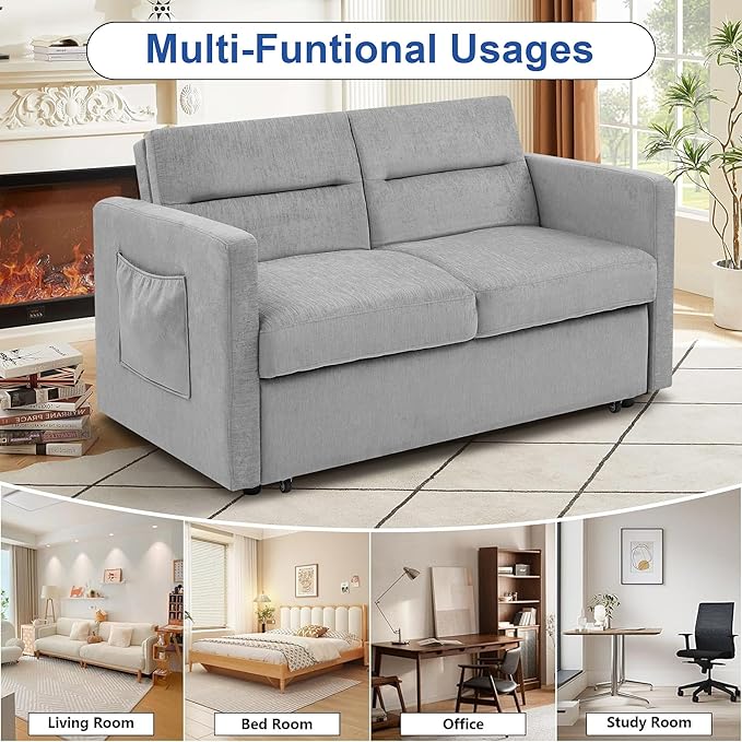 Loveseat Sleeper Sofa Bed Pull Out Couch Comfortable Chenille Fabric Adjustable Backrest Resilient Sponge Cushions Sturdy Wood Frame Side Storage Pockets Grey