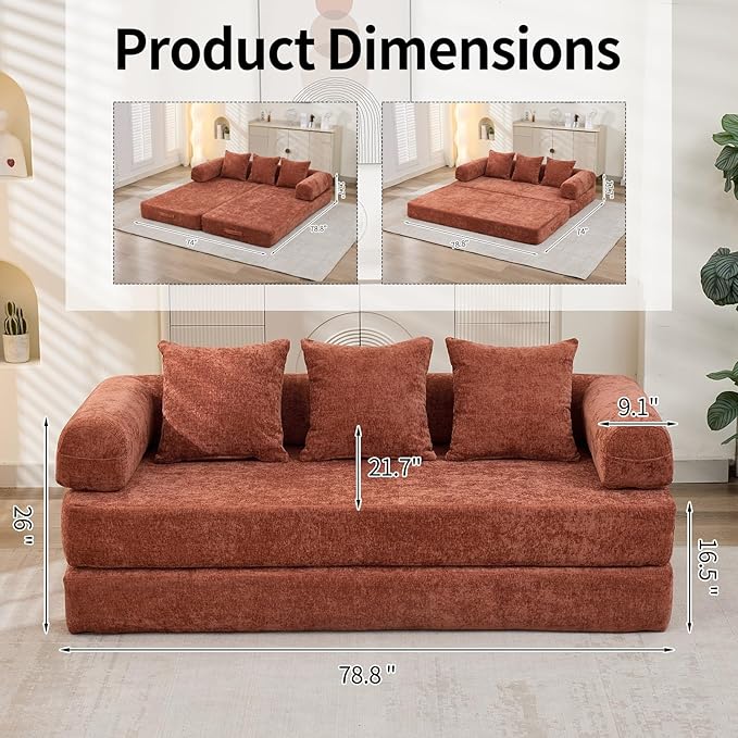 Convertible Sofa Bed 4-in-1 Floor Foldable Couch Bed with Armrests &amp Pillow Chenille Fabric No Assembly Required Comfy Memory Foam Couch Lounge Sofa for Living Room Orange