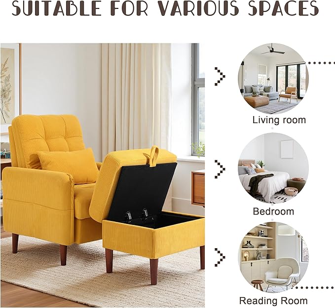 UIXE Accent Chairs with Storage Ottoman Corduroy Recliner Upholstered Armchair with Adjustable Backrest for Living Room Modern Sofa Bed Comfy Bedroom Reading Seat - Orange Set of 2