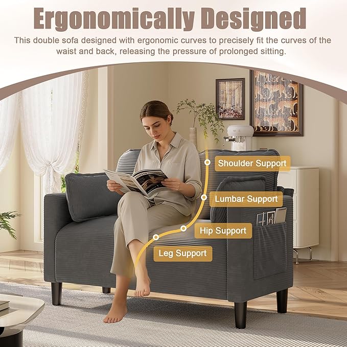 48 Corduroy Loveseat Sofa Small Couches for Living Room Green Couch for Bedroom Apartment Dorm 2 Seater Mini Sofa with Side Pocket High Rebound Sponge Cushion Easy Assembly (Grey)