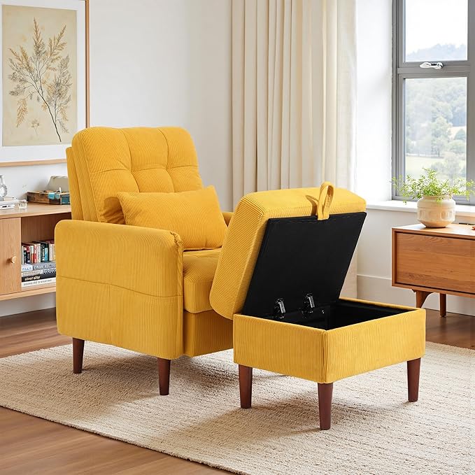 UIXE Accent Chairs with Storage Ottoman Corduroy Recliner Upholstered Armchair with Adjustable Backrest for Living Room Modern Sofa Bed Comfy Bedroom Reading Seat - Orange Set of 2