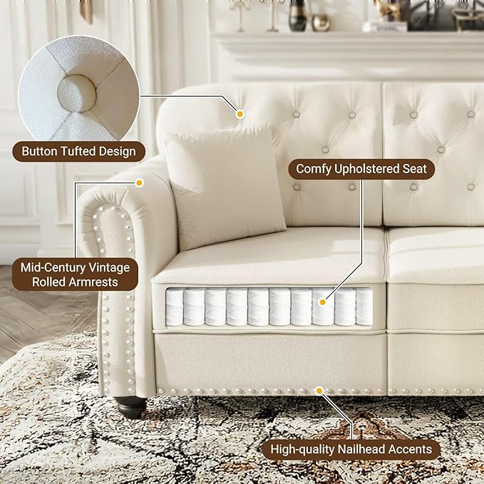 Beige Velvet Chesterfield Sofa Set with Button Tufting &amp Nailhead Trim 3-Seater Sofa 1-Seater Armchair &amp Ottoman Rolled Arms Modern Classic Living Room Furniture for Cozy Home Decor