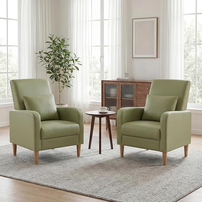 COLAMY Mid-Century Modern Upholstered Accent Chair with Back Pillow &amp Solid Wood Legs Leather Cozy Armchair for Living Room Bedroom Reading Nook Apartment &amp Small Spaces Green