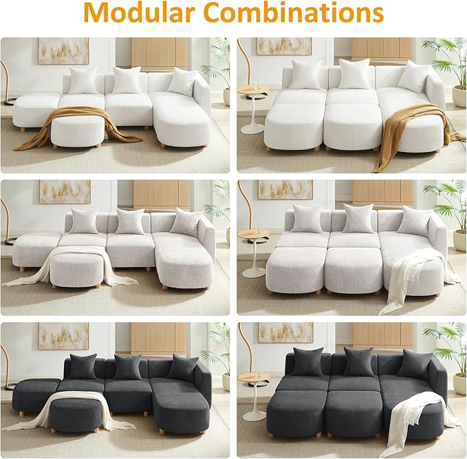 VANOMi 109.84 Modular Sectional Sofa with 3 Pillows Convertible 5-Seater Comfy Boucle Cloud Couch with Ottoman Modern Sectional Sofas for Living Room Office Apartment (White)