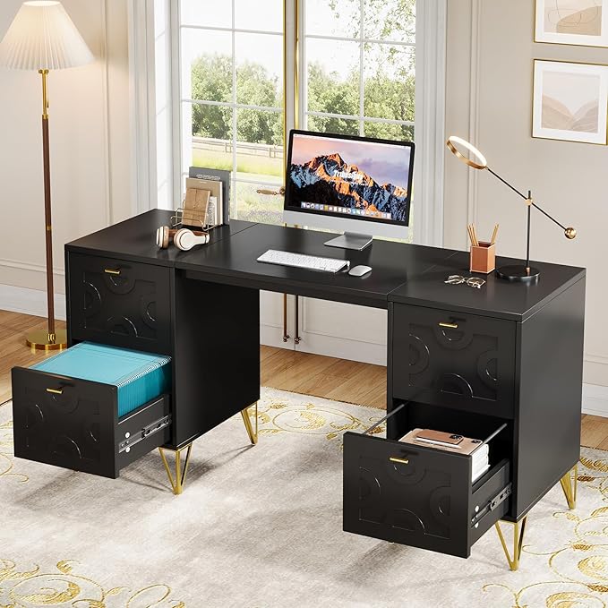 Tribesigns 59-Inch Black Executive Computer Desk with 4 File Drawers Storage Modern Writing Table Luxury Desk with Gold Legs for Home Office