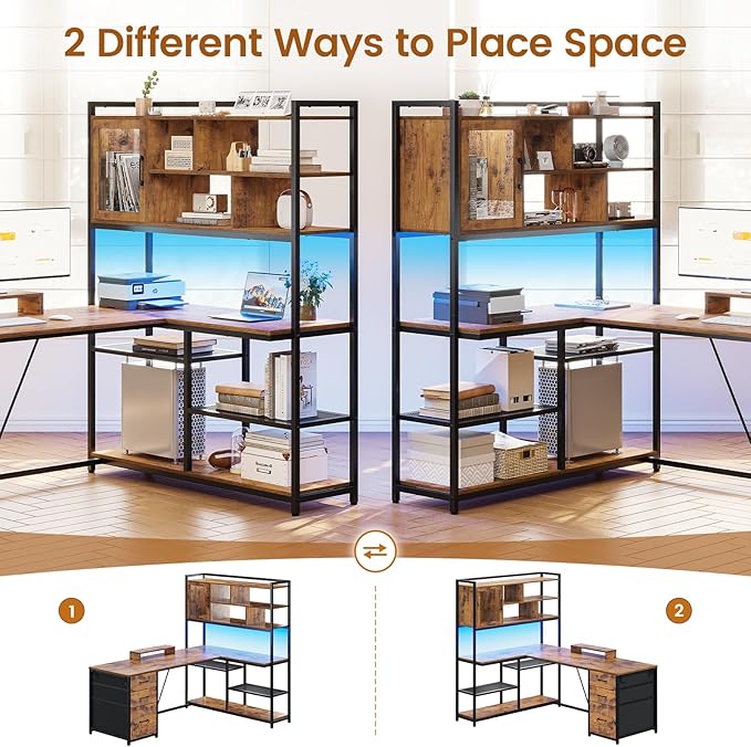 SEDETA L Shaped Computer Desk 58'' Office Desk with 3 Drawers and Bookshelf L Shaped Corner Desk with Storage Shelves and LED Light for Home Office Gaming Desk L Desk Rustic Brown