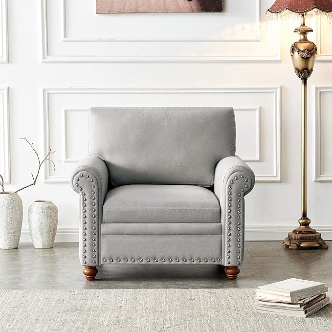 Lestar Single Sofa Chair Fabric Accent Chair with Solid Wood Legs Upholstered High Elastics Sponges with Armrests Seat Couch for Living Room (Grey)