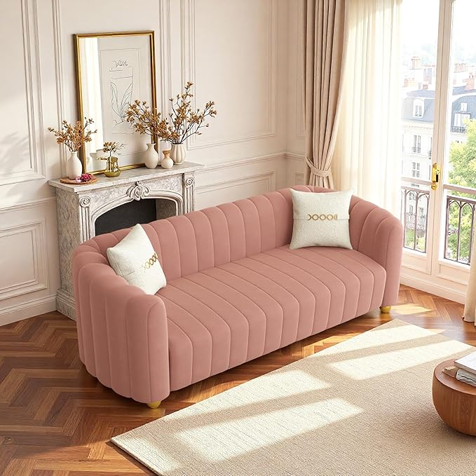 Modern Velvet Loveseat Sofa Couch for Living Room 84 Comfy Upholstered 3 Seater Sofa Couch with Gold Metal Legs &amp 2 Pillows Luxury Sectional Sofa for Bedroom Office Apartment Pink