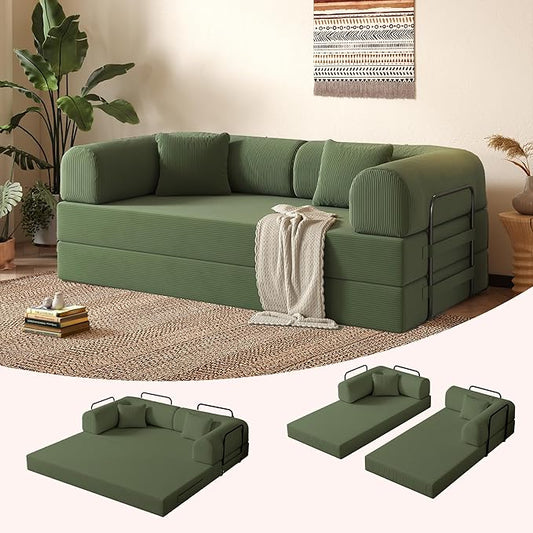 79'' Folding Sofa Bed 5-in-1 Convertible Sofa Bed BonelessComfy Foldable Foam Couch with Pillow Modular Floor Couch for Living RoomBedroomLounge - Corduroy OliveGreen