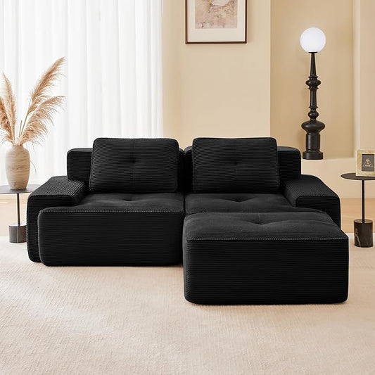Modular Sectional Boneless Sofa 80” Corduroy L Shaped Sofa Couch with Movable Ottoman Modern 2-Seat Sofas Comfy Deep Seat Couches for Living Room Apartment No Assembly Black