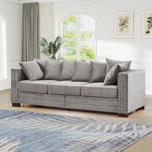 84.5W Mid Century Modern Couch with Storage Upholstered Velvet Sofa Deep Seat Chesterfield Couch with Nailhead Trim &amp Pillows 3-Seat Comfy Sofa for Living Room Bedroom Apartment Office(Grey
