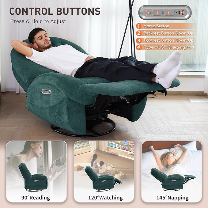 EONIX Stylish Power Swivel Rocker Recliner Chair for Living Room Rocking All Positions Dual Motor Independently Controlled Backrest and Headrest SXXY005021 Green