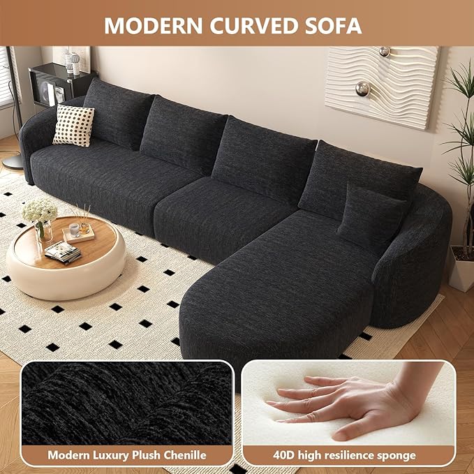 138.6 L Shaped Modern Modular Sectional Curved Back Sofa Minimalist Style Comfy Cloud Couch for Living Room Apartment No Assembly Required Boneless Couches (BlackRight Facing Chaise)