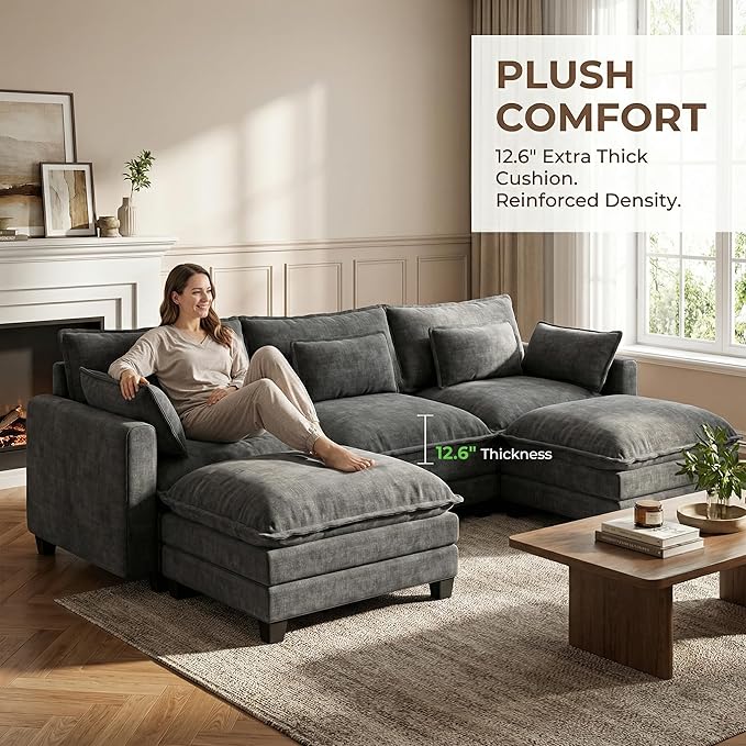 Amada Sectional Couches for Living Room 111.5-U Shape Comfy Cloud Modular Sectional Sofa 5-Seater Chenille Deep Seat Sofa Sleeper with 2 Movable Ottomans&ampThrow Pillows (Grey) | Chenille