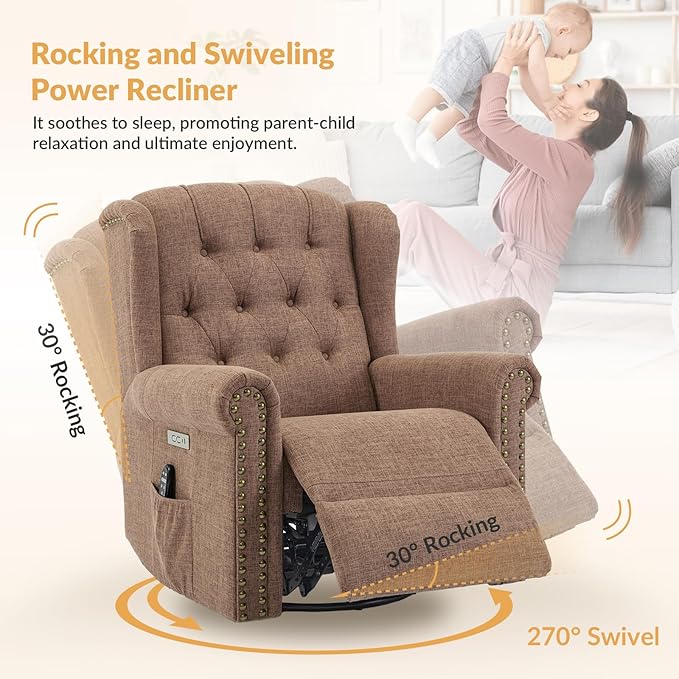 Power Swivel Rocking Glider Recliner Chair Electric Nursery Reclining Sofa Chair with Heat and Massage Wingback Tufted Upholstered Recliner for Living Room USB and Type-C Ports Brown